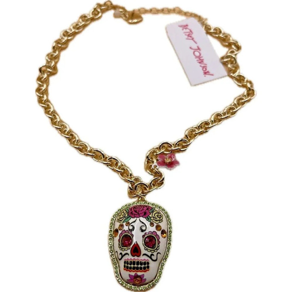 Betsey Johnson Gold Chain White-Pink Sugar Skull Pendant & Matching Earrings Set - Picture 3 of 4